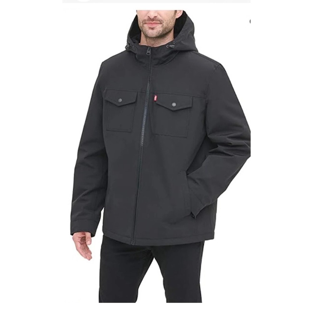 Levis Softshell Hooded Jacket Men S Black Sherpa Lined Water Resistant Tactical